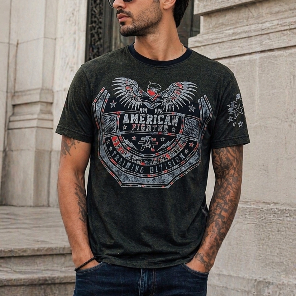 American Fighter Graphic Tee Black Short Sleeve Eagle Star Design Men’s Size S